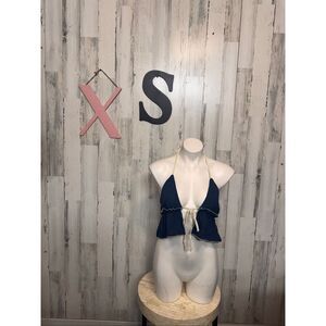 Navy Blue Halter Tie Front Crop Top XS Ruffle Boho Beach Top